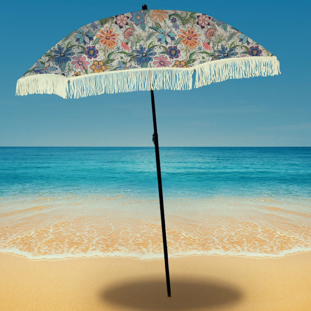 beach umbrella with fringe on the beach
